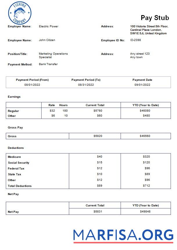 Realistic Fishing company payroll template